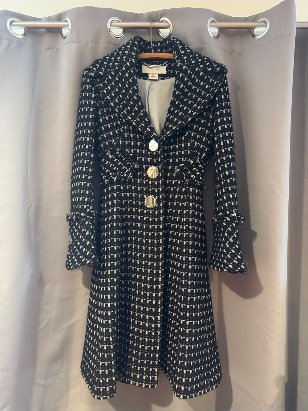 Karen Millen Black and White Tweed Long Sleeve Dress Coat with Gold Buttons